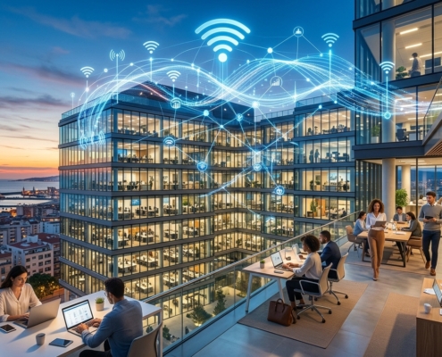 Edificio de oficinas multiinquilino con red WiFi empresarial y zonas de trabajo conectadas en el área de Barcelona